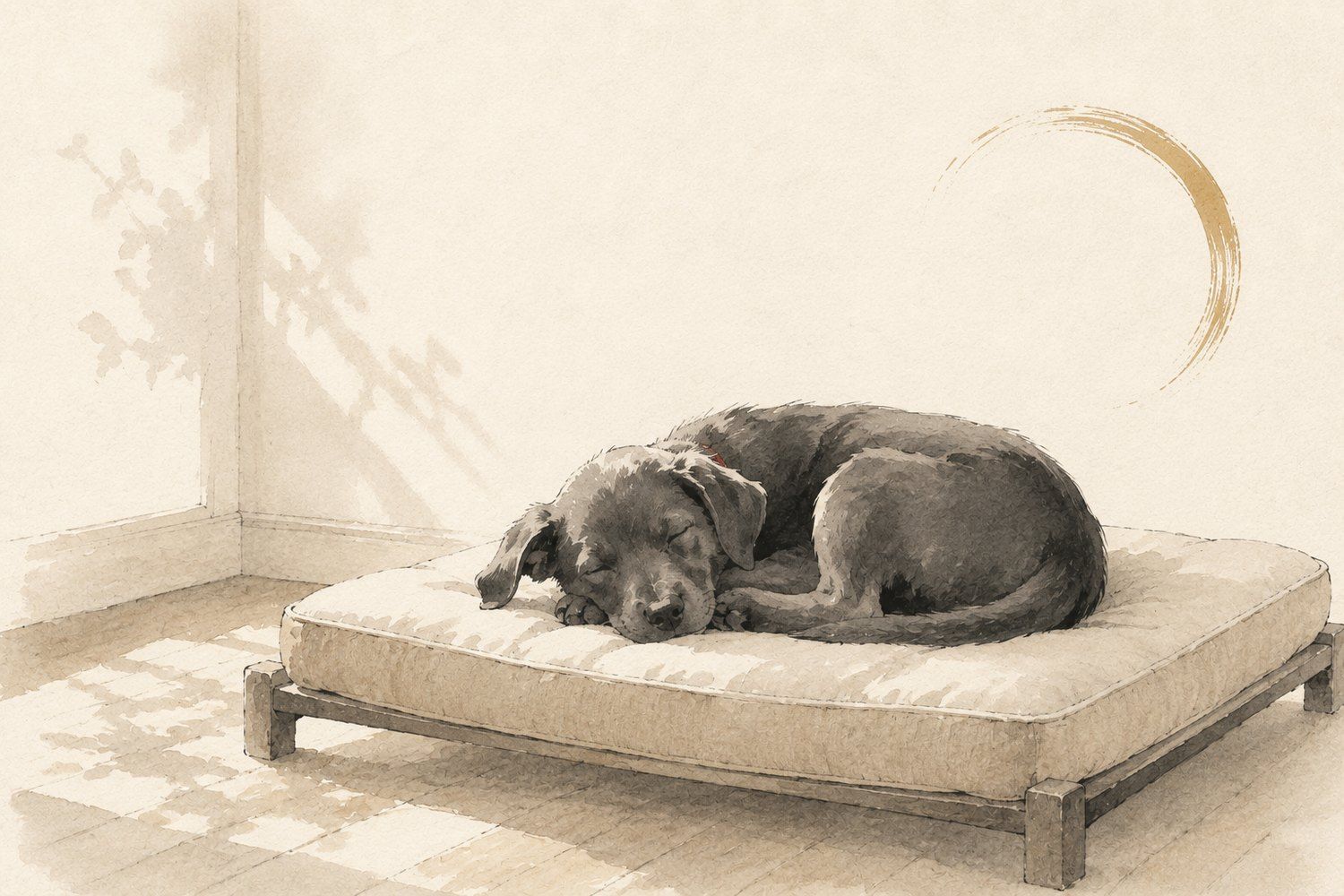 Ink and wash illustration of a puppy curled asleep on a bed in a quiet room